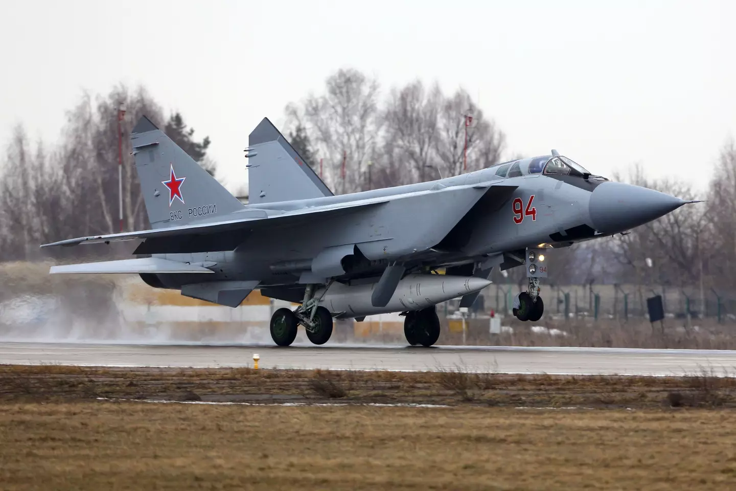 MiG-31K attack aircraft of the Russian Air Force with Kinzhal missile landing.