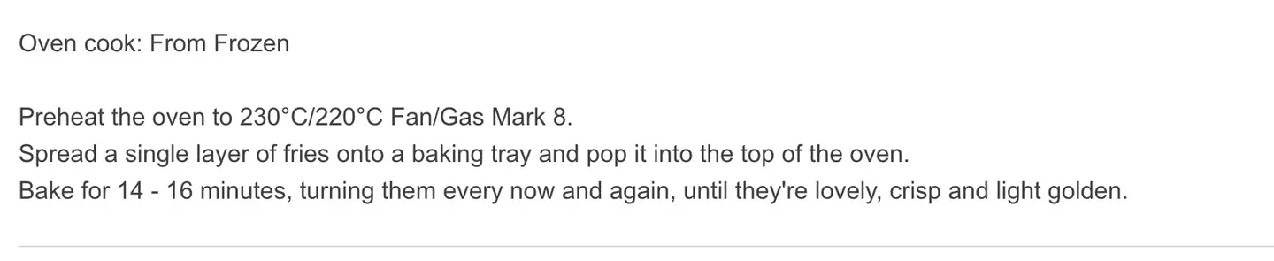 An example of some fries' instructions (Sainsbury's)