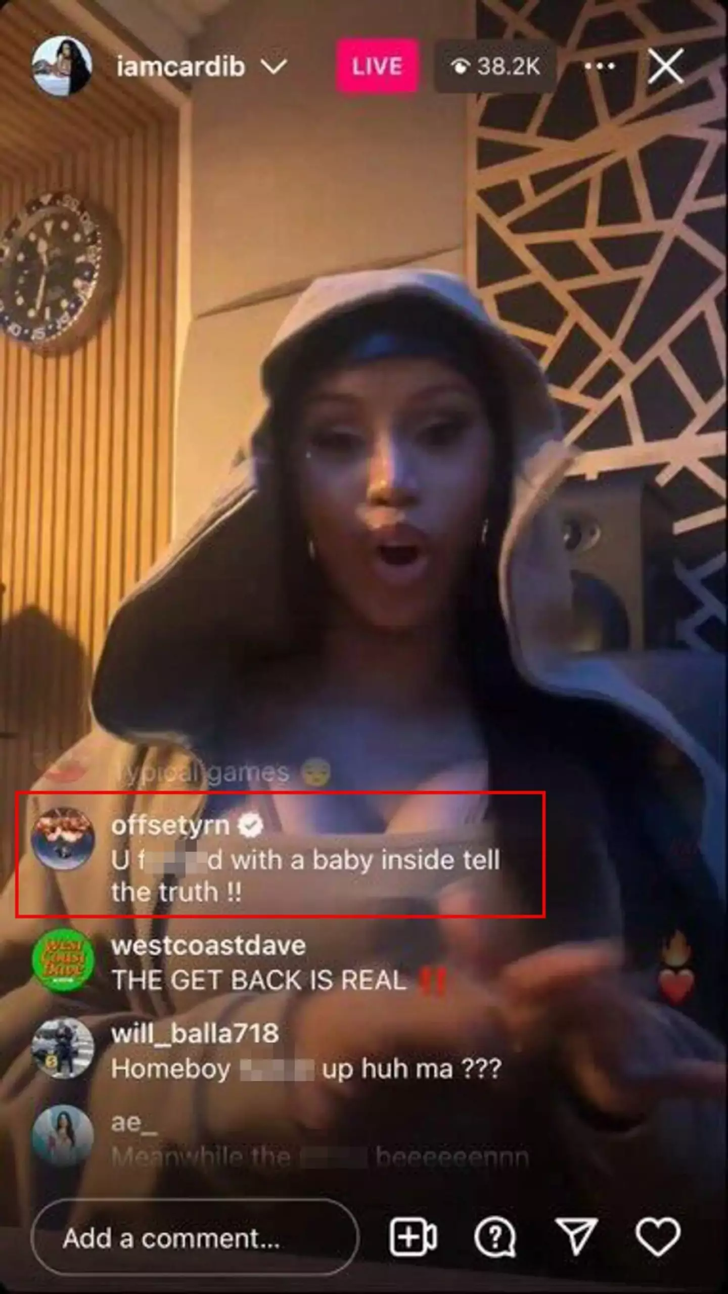 Offset commented on Cardi's Instagram Live video (@iamcardib/Instagram)