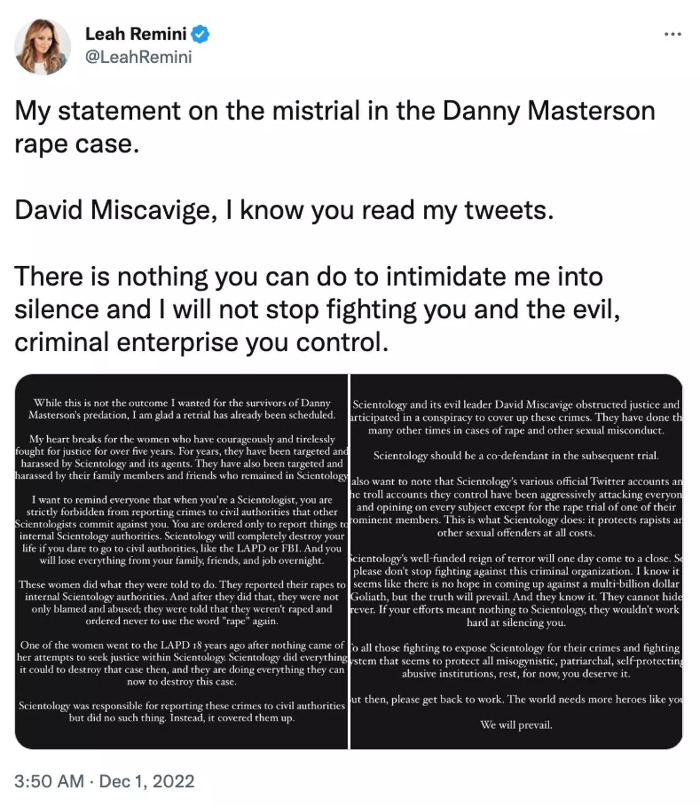 Leah Remini released a statement following the mistrial.