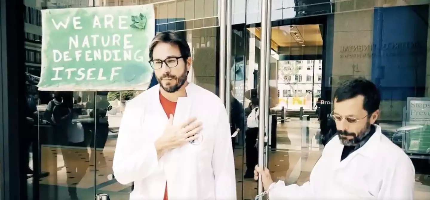 Peter Kalmus outside a Los Angeles branch of JP Morgan Chase Bank.