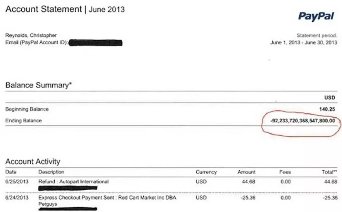 The credit made him the only quadrillionaire at the time (PayPal/Chris Reynolds)