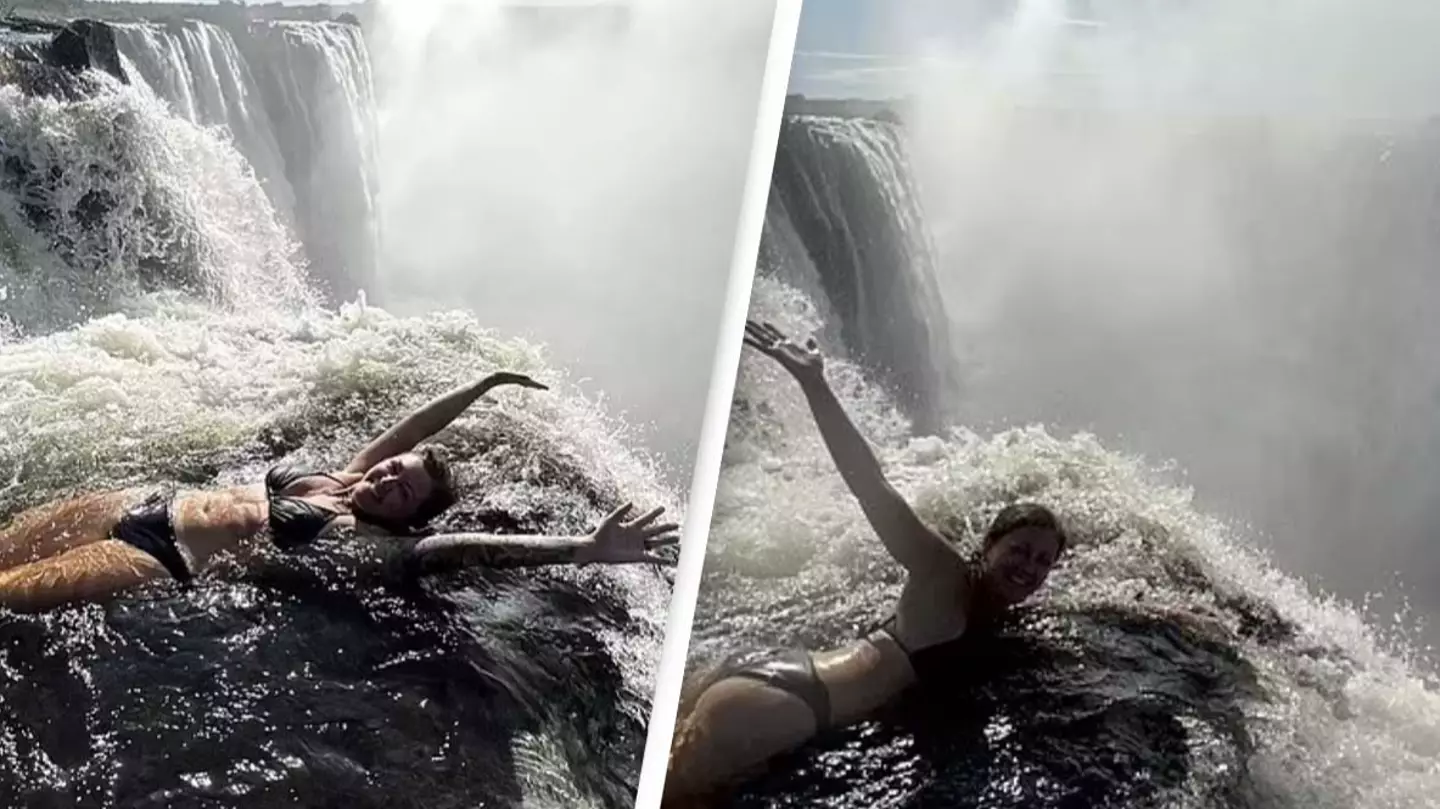 Heartstopping moment daredevil hangs over 354-foot drop by her ankles