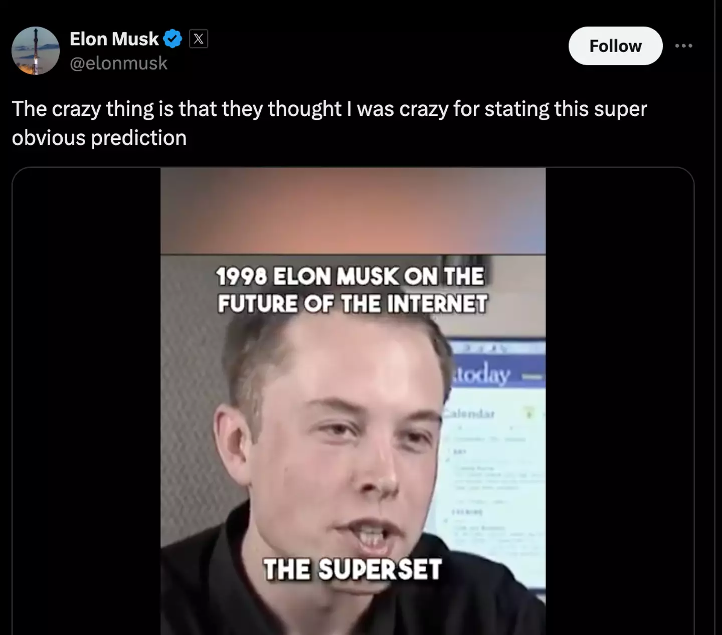 Musk claims people thought he was 'crazy' for making the prediction (YouTube/ CBS Sunday Morning/ Twiwtter/ @elonmusk)