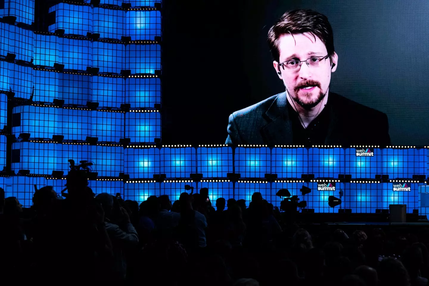Edward Snowden, president of Freedom of the Press Foundation addresses the audience via web conference in 2019.