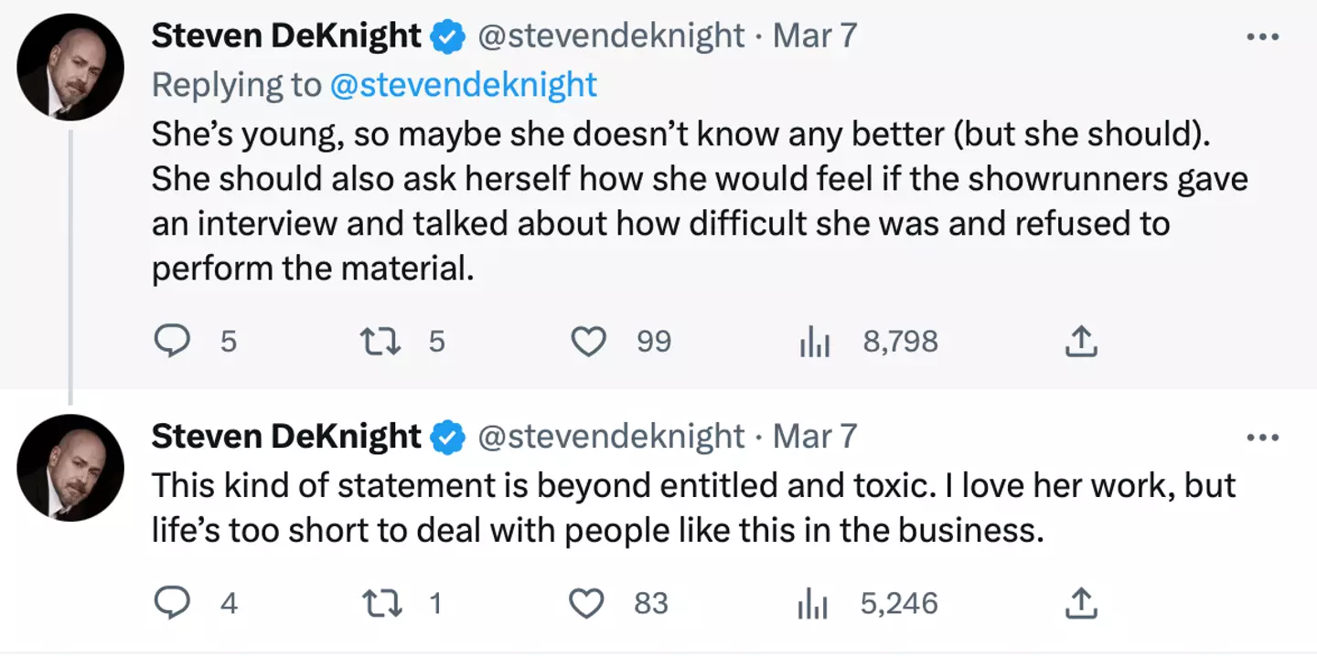 Steven DeKnight publicly blasted the 20 year old in a series of tweets.