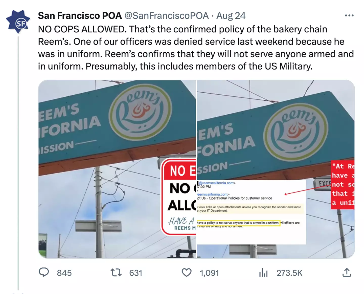 The San Francisco Police Officers’ Association called out the bakery on Twitter.