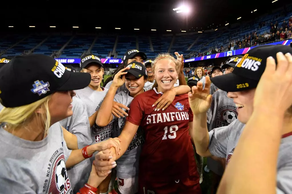 Goalie Katie Meyer pictured with her soccer teammates in December 2019 (Jamie Schwaberow/NCAA Photos via Getty Images)