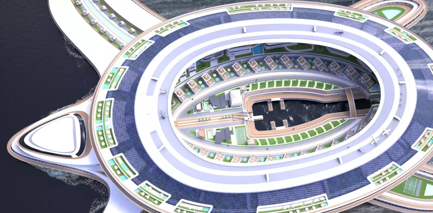 Italian design studio Lazzarini has proposed plans for a floating, turtle-shaped city that could accommodate up to 60,000 guests.