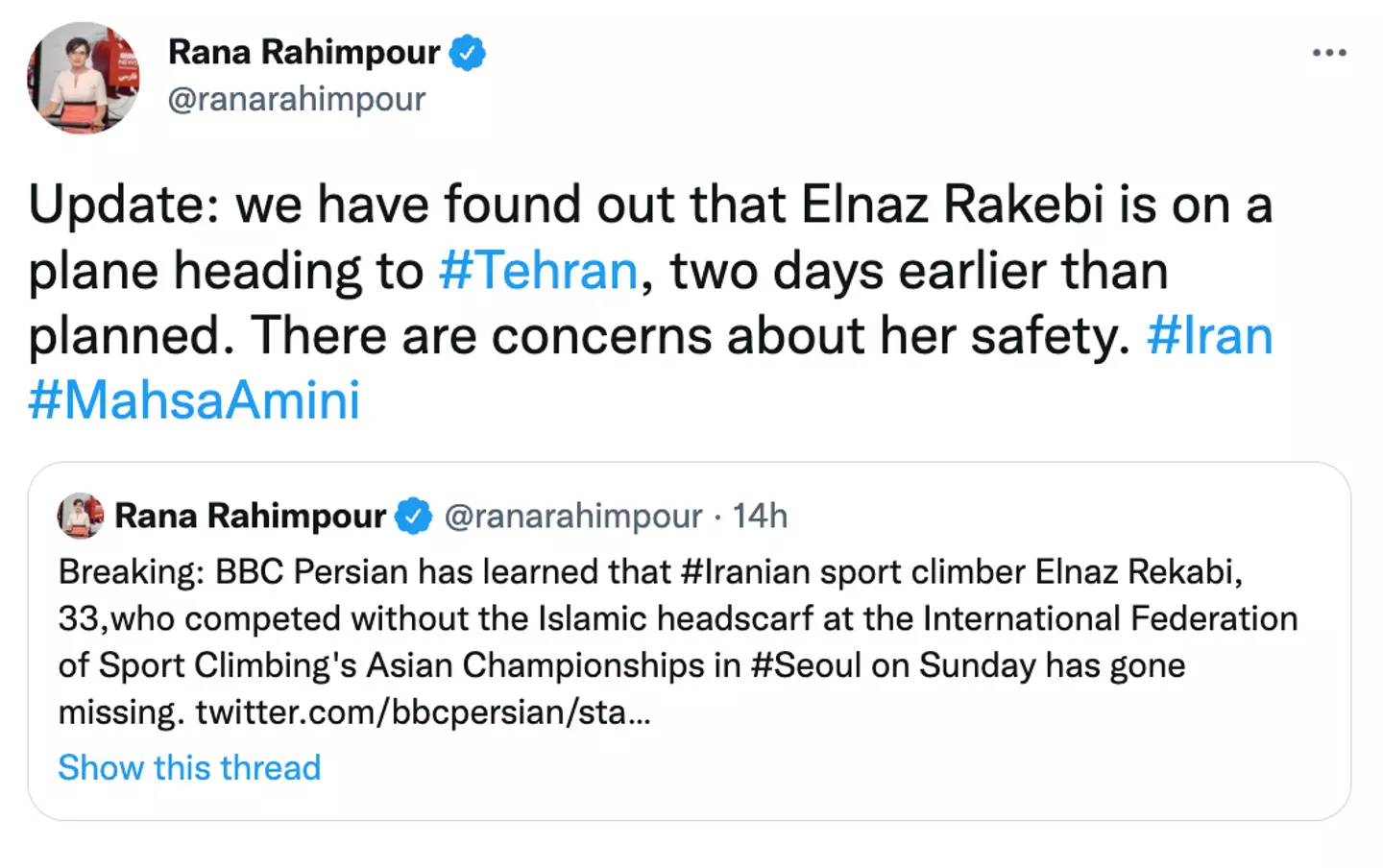 Rekabi is said to be returning to Iran following the event.