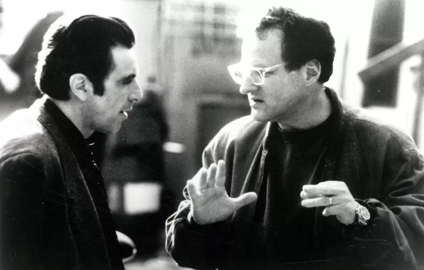 Actor Al Pacino and director Michael Mann on the set of Heat.