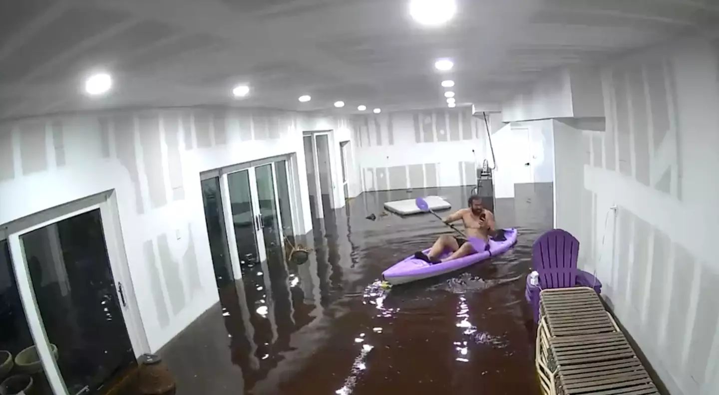 Matthew Heller, who owns hornblaster.com, was paddling around his front room in a kayak during the storm (TikTokMatthew Heller)