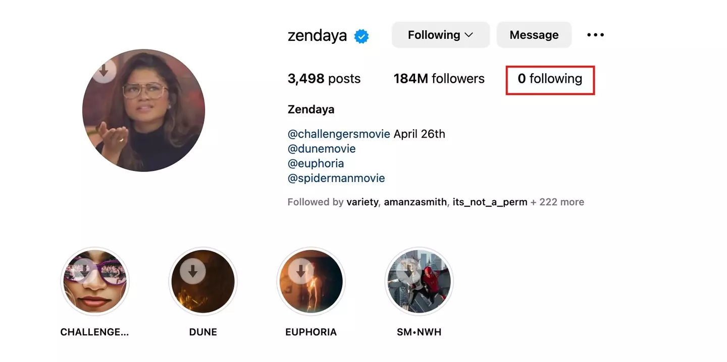 Zendaya has unfollowed everyone on Instagram.