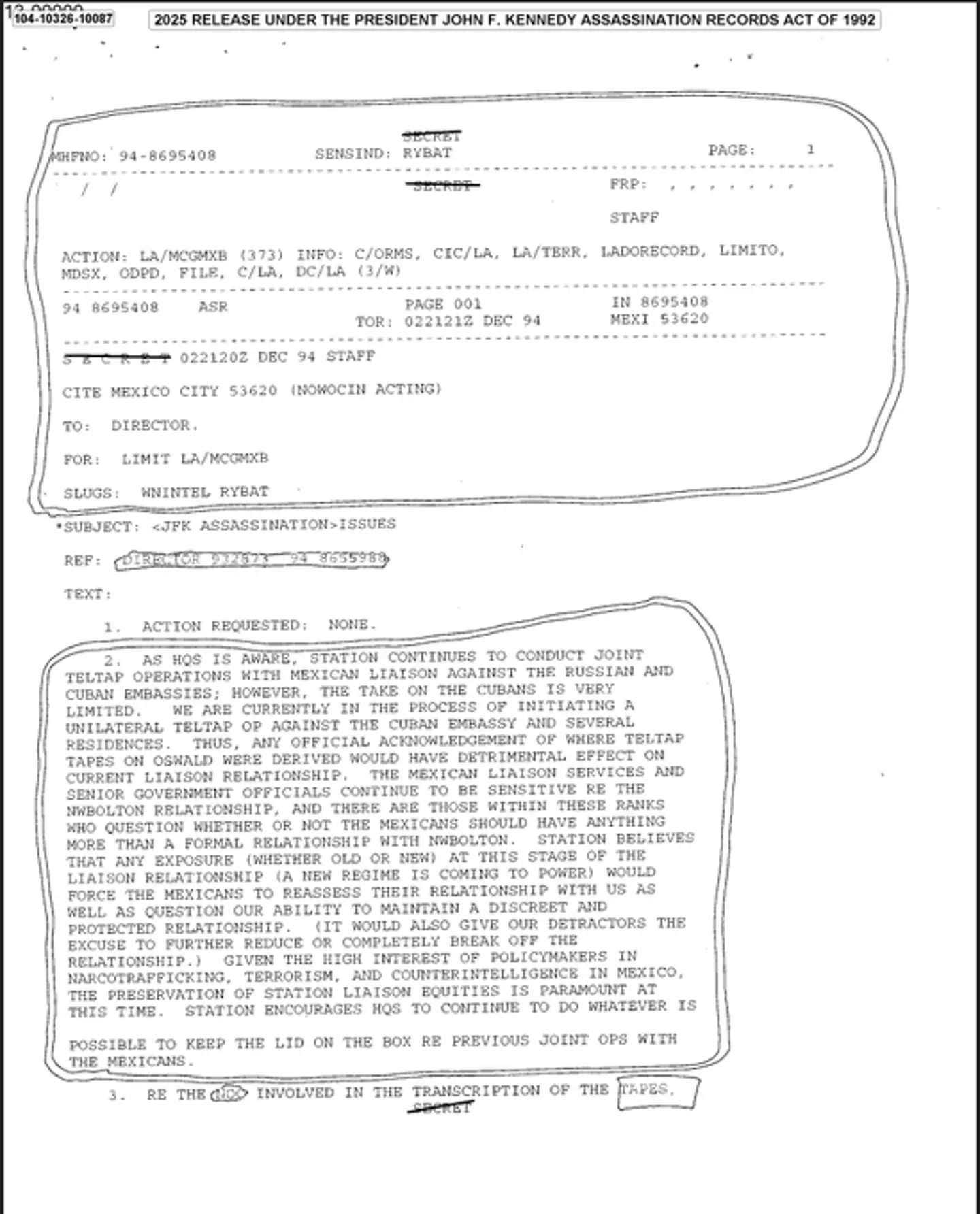 The same page of the JFK files that was released in 2023, has been re-released by the Trump administration in 2025 (National Archives)