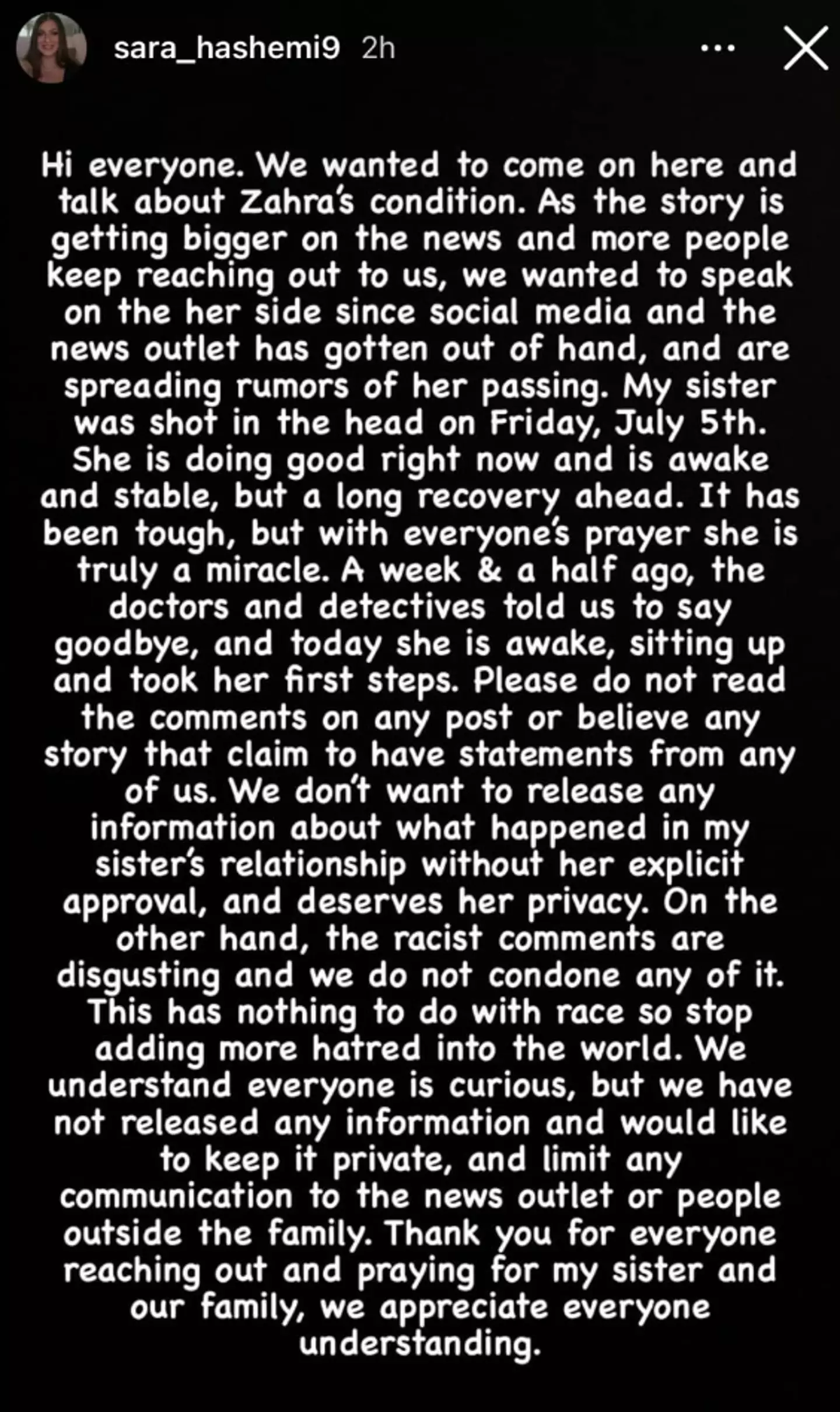 Sara Hashemi shared a statement online (Instagram/sara_hashemi9)