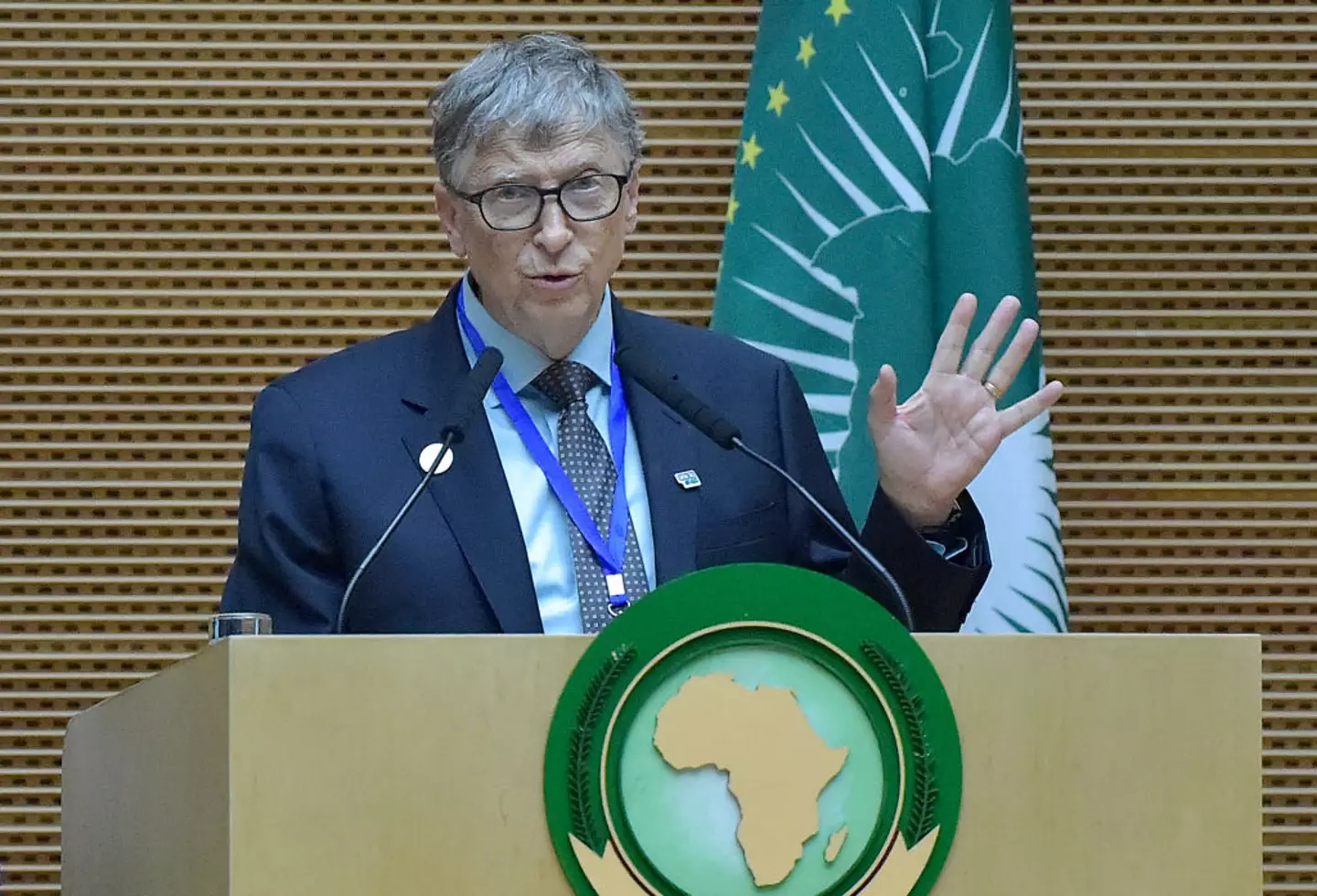 Bill Gates, pictured speaking at an African Union summit in 2019, has vowed to donate the majority of his fortune to the continent (SIMON MAINA/AFP via Getty Images)
