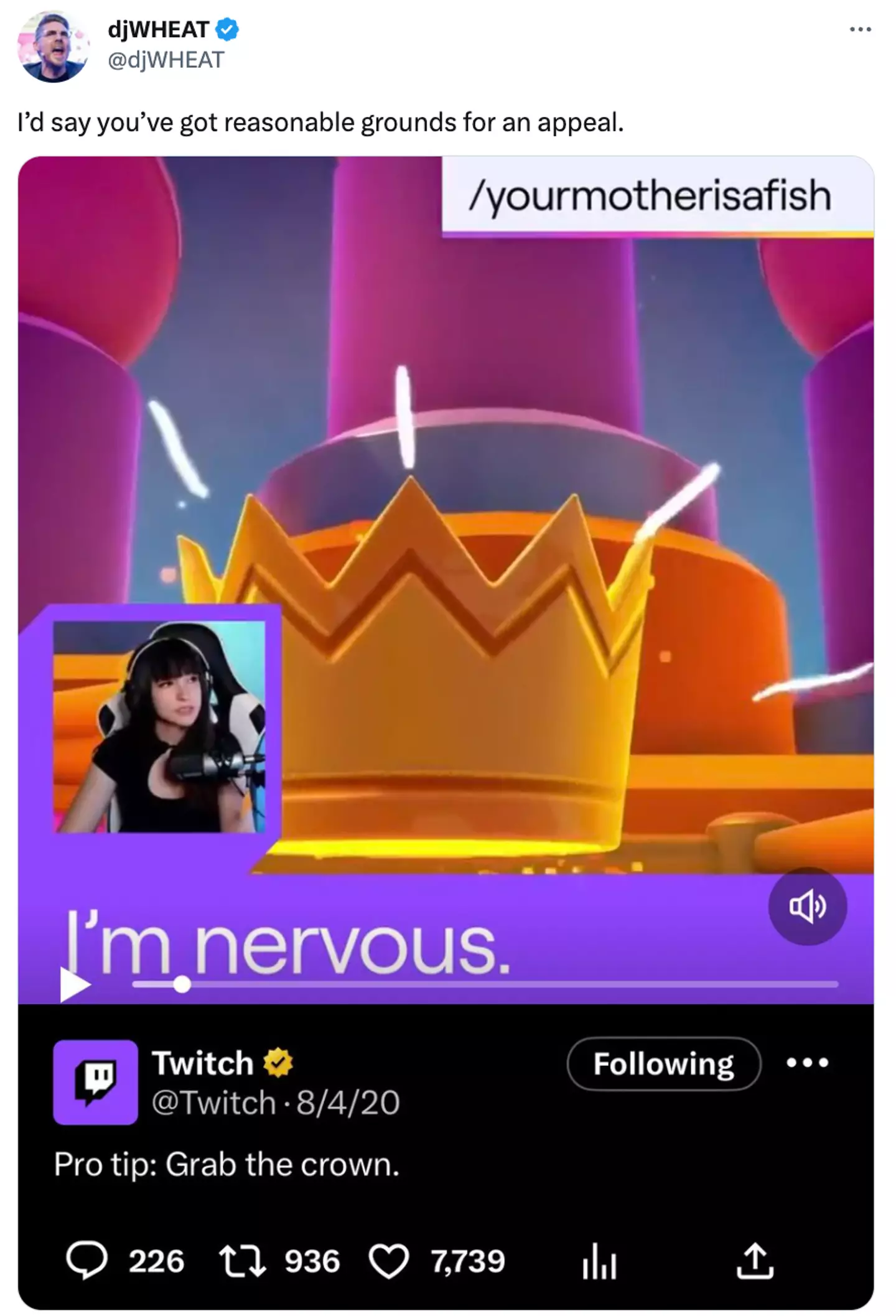 Fish's content had previously been used as promotional material by Twitch.