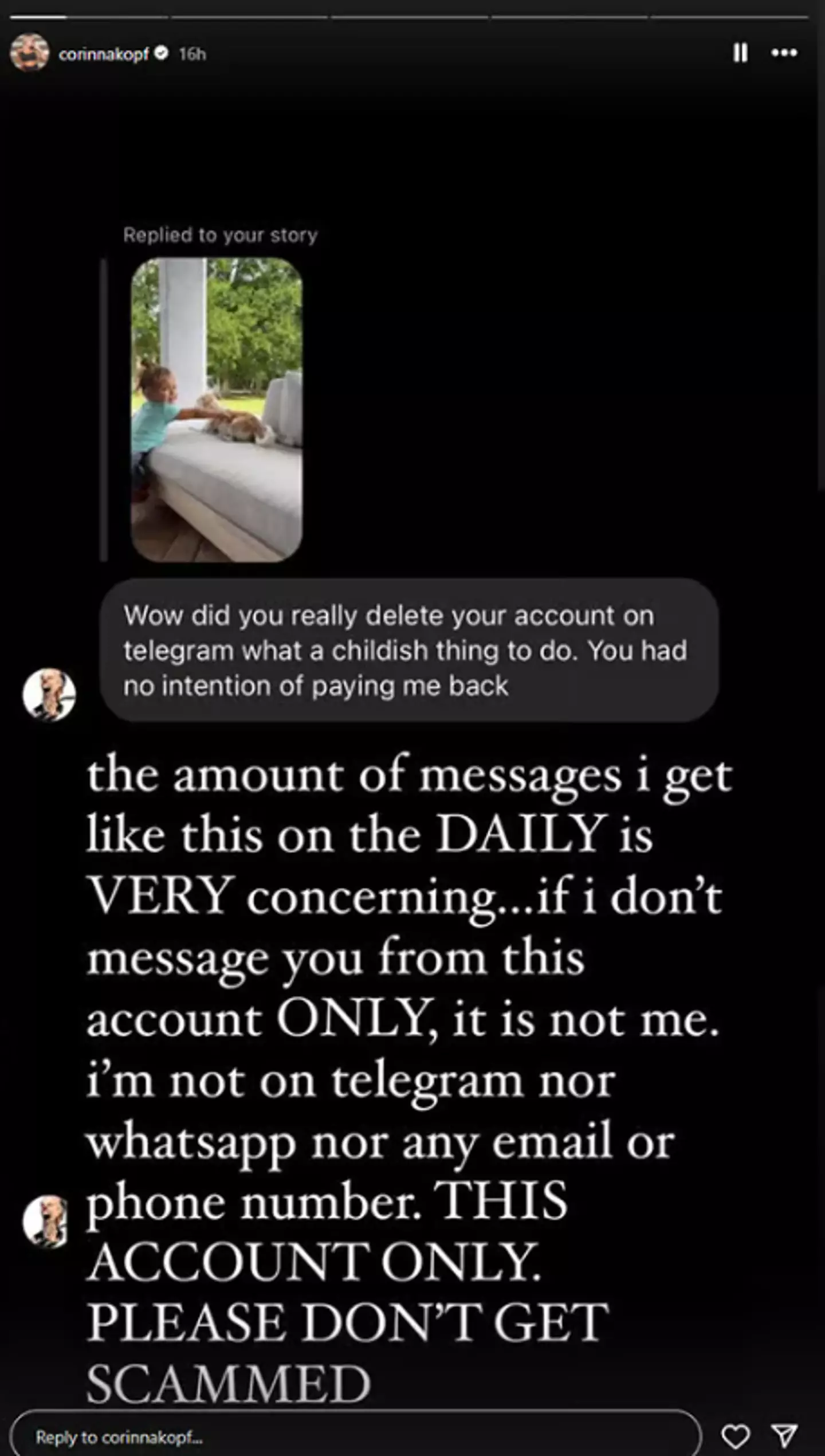The Instagram star had to speak out about the fake accounts. (@corinnakopf/Instagram)