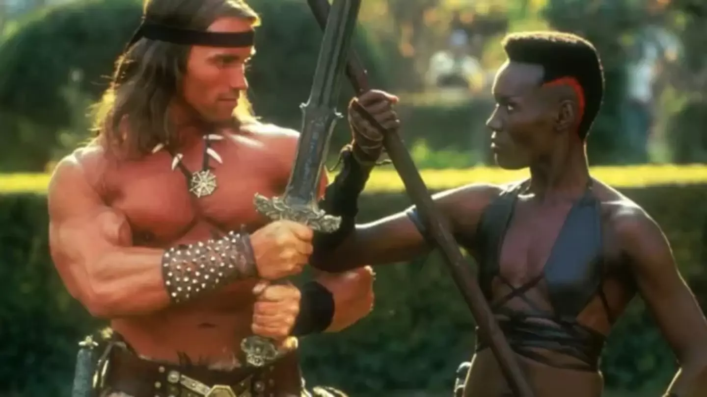 Arnold Schwarzenegger and Grace Jones in Conan the Destroyer.