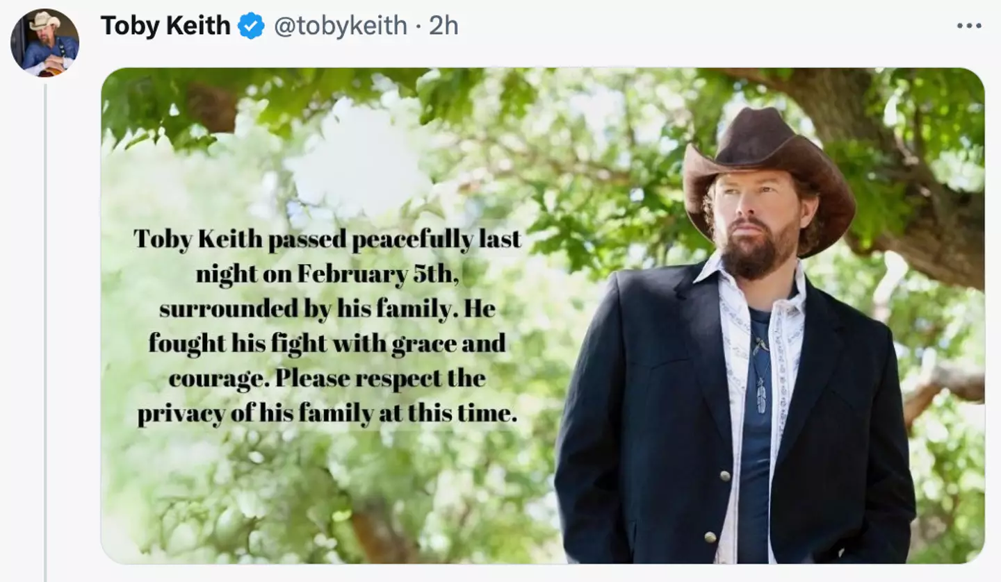 News of Toby Keith's death was confirmed in a statement.