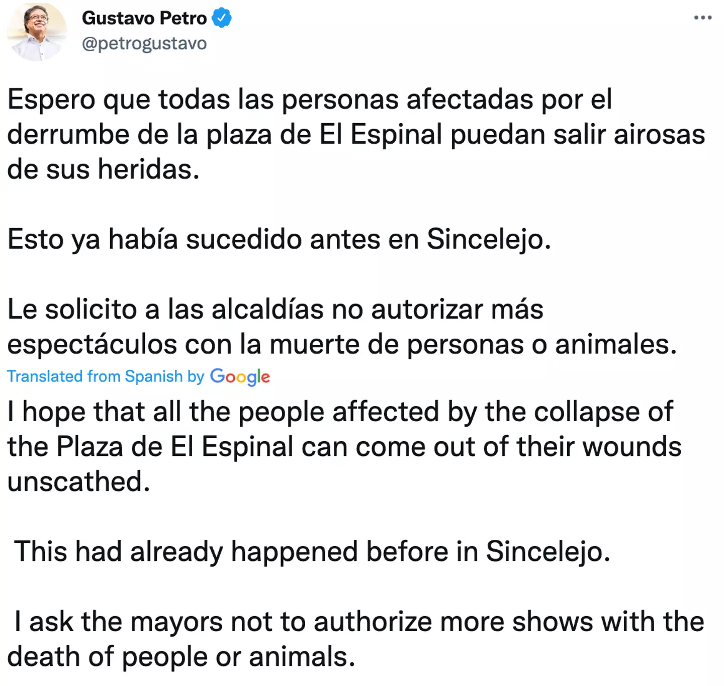 The president-elect called on mayors to stop bullfighting in the future.