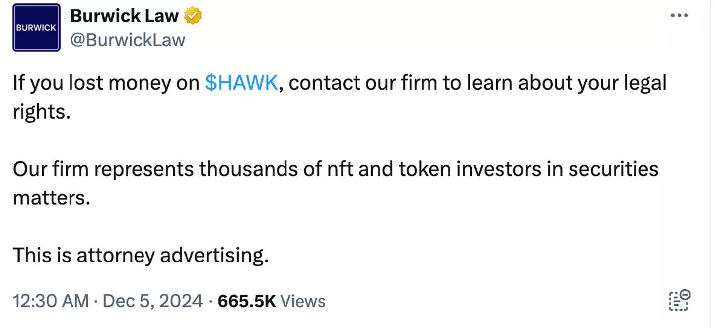 Burwick Law encouraged HAWK investors to get in touch (X/@BurwickLaw)
