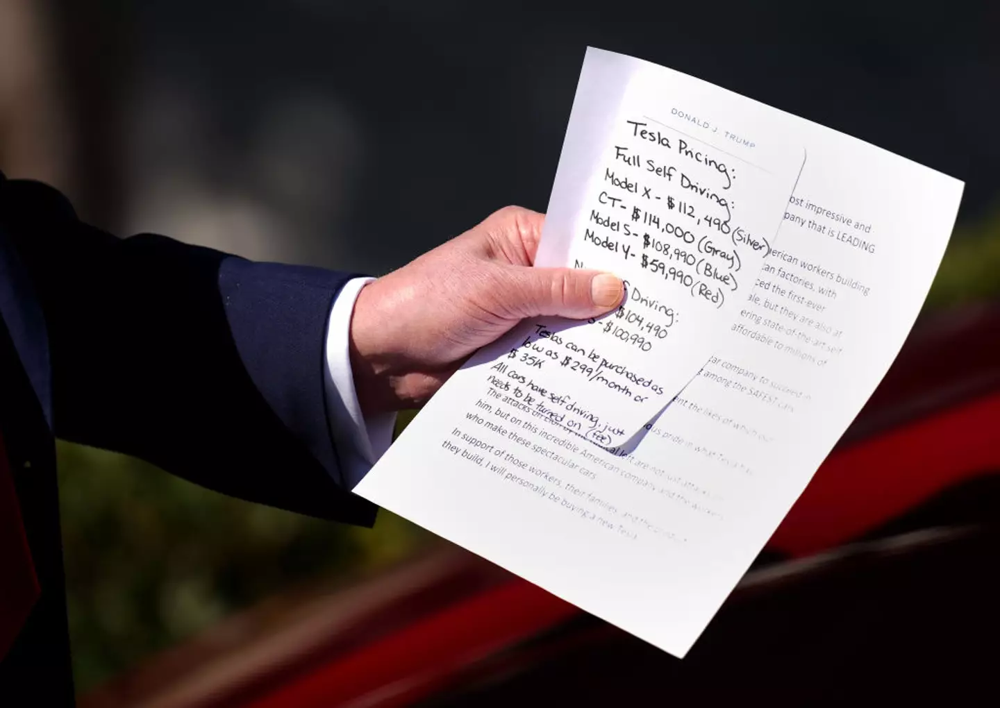 Trump's paper detailed the costs of different Teslas (Andrew Harnik/Getty Images)