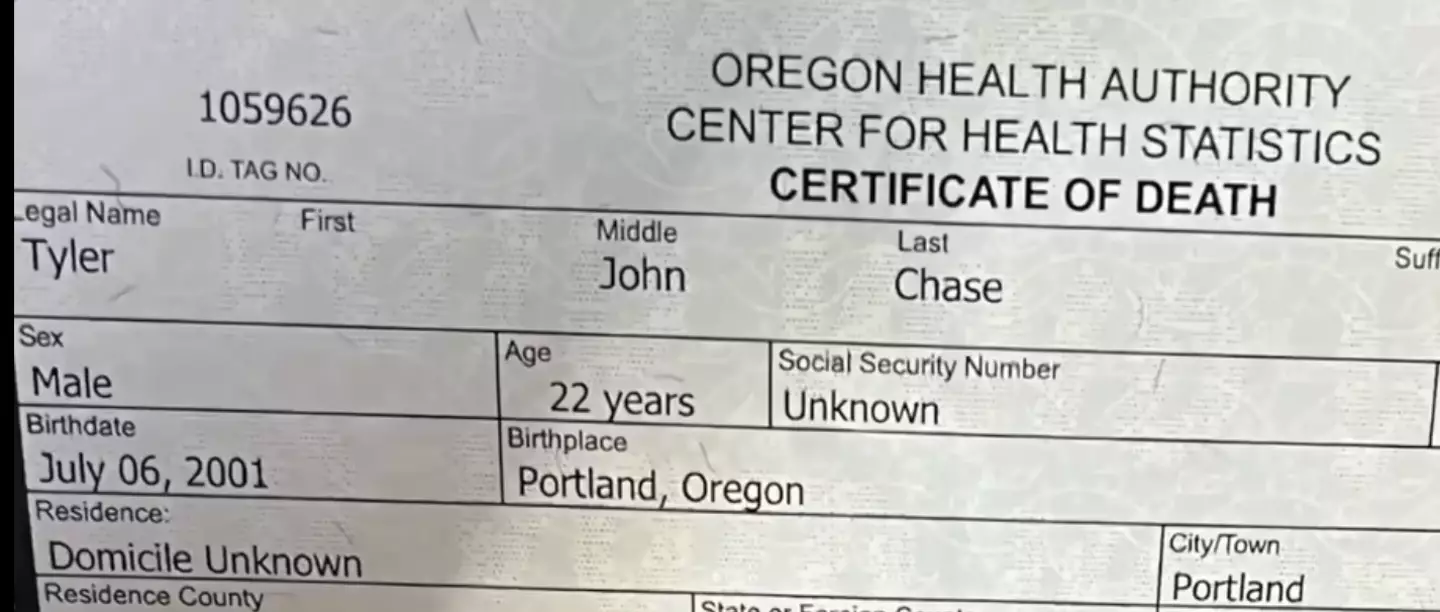 Tyler Chase's name was put on the death certificate for the person discovered passed away in September 2023.
