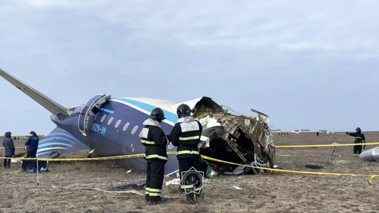A view of the crash site where an Azerbaijan Airlines flight with 67 people on board, traveling from the Azerbaijani capital Baku to Grozny in Russia's Chechnya region, crashed near the Kazakh Caspian city of Aktau on December 25, 2024 the Kazakh Emergency Ministry said, adding that there were 25 survivors (Emergency Situations of Kazakhstan/Anadolu via Getty Images)