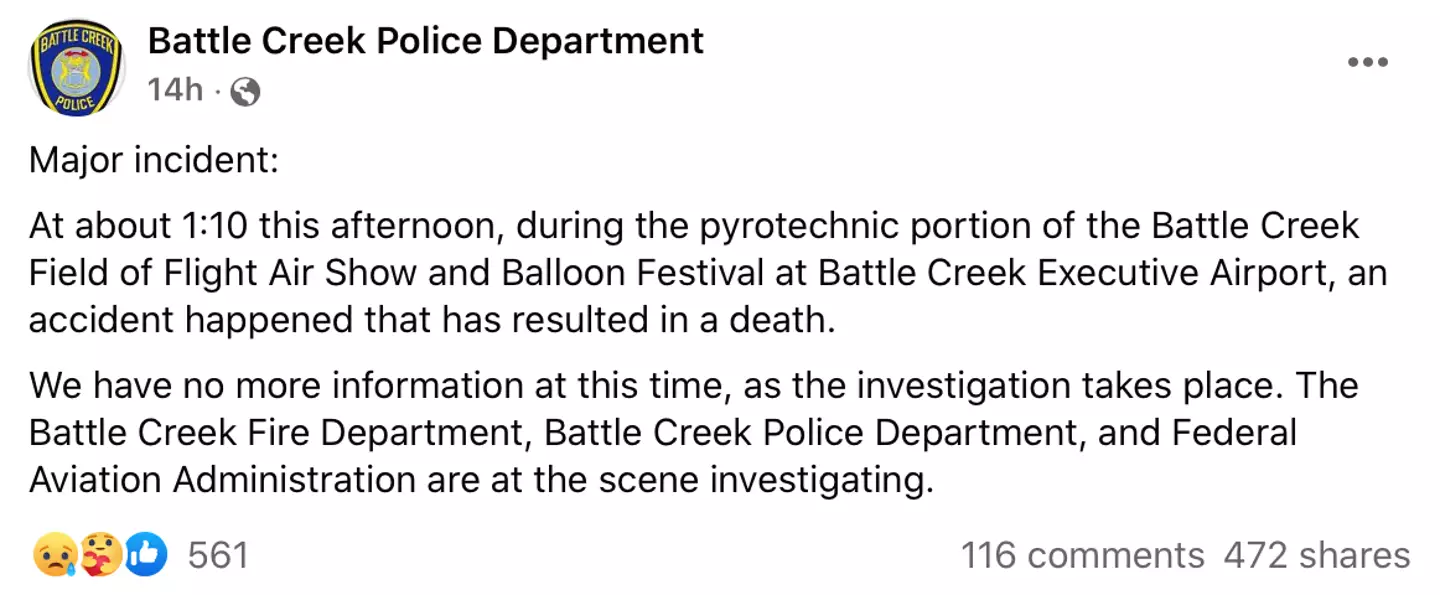 The Battle Creek Police Department in Michigan released a series of official statements via their Facebook page.