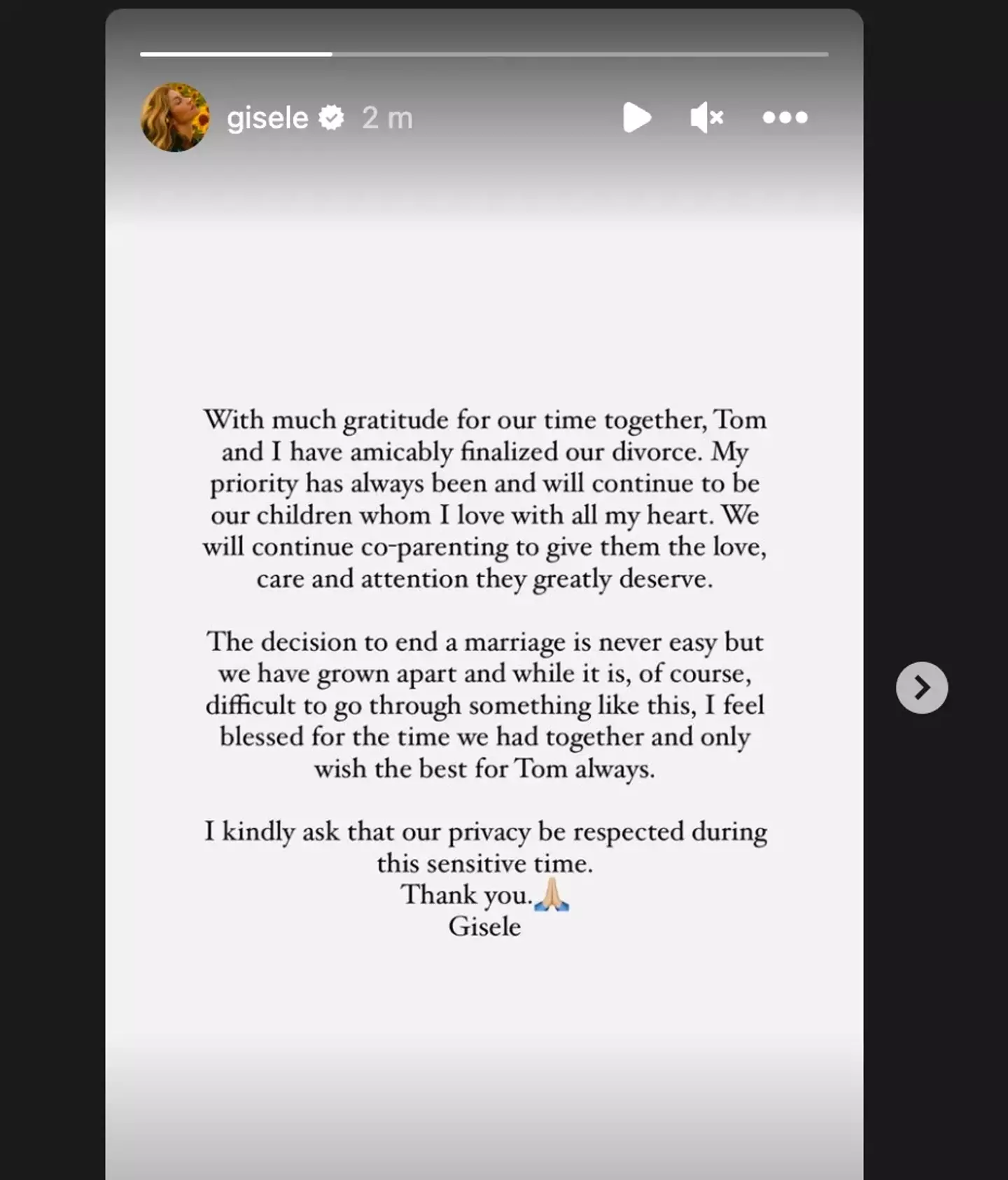 Bündchen said they would continue to co-parent.