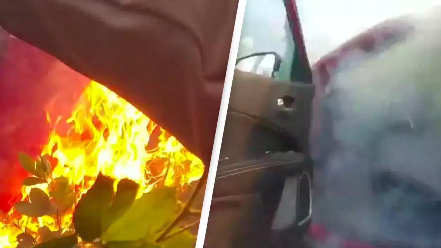 Incredible moment sheriff rescues woman trapped in burning car caught on bodycam footage