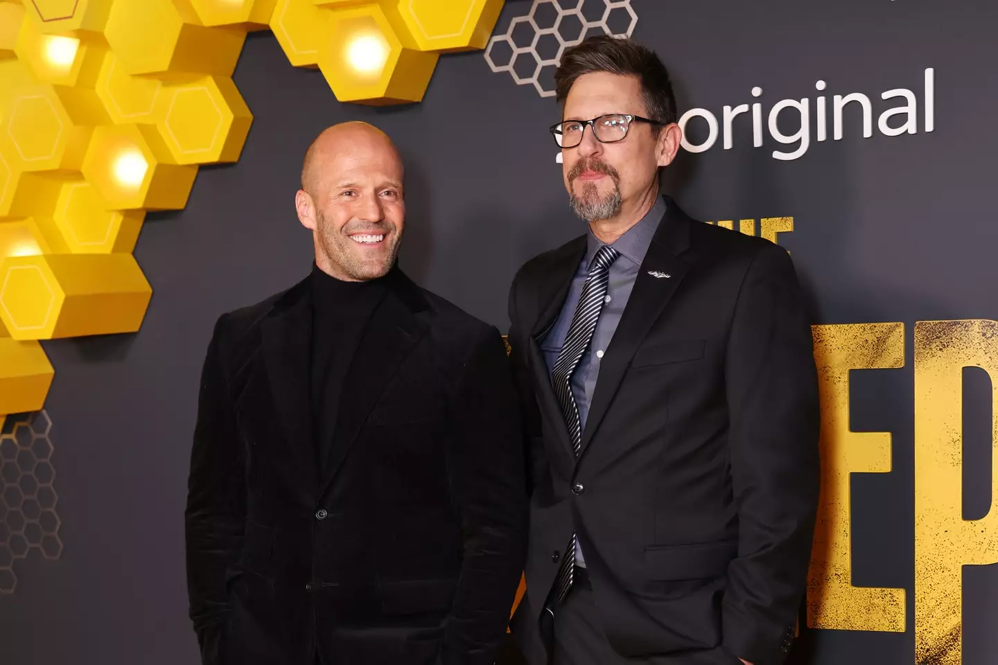 Jason Statham and David Ayer attend the premier of The Beekeeper at Vue Leicester Square.