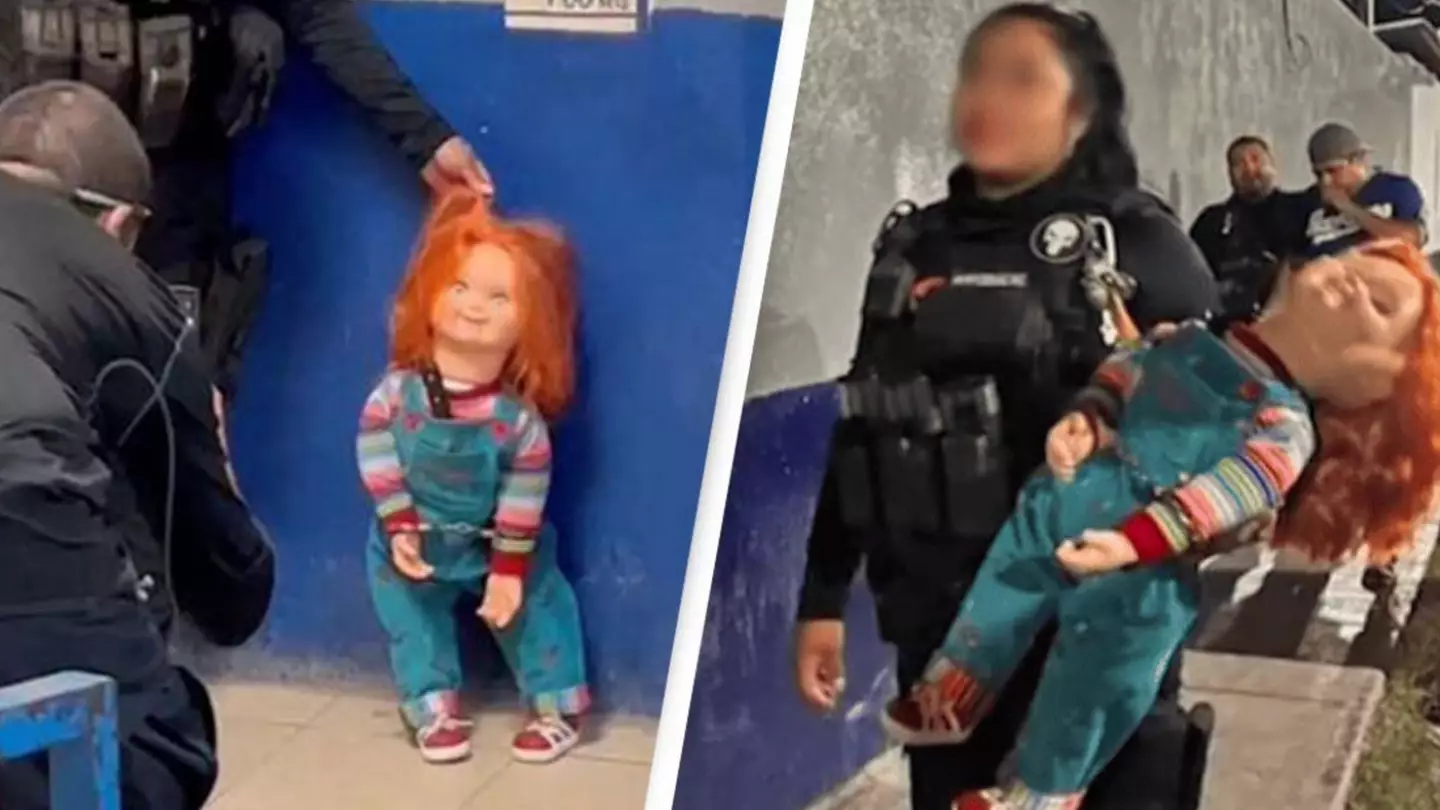 Police handcuff and arrest Chucky doll and its owner for scaring people and demanding money