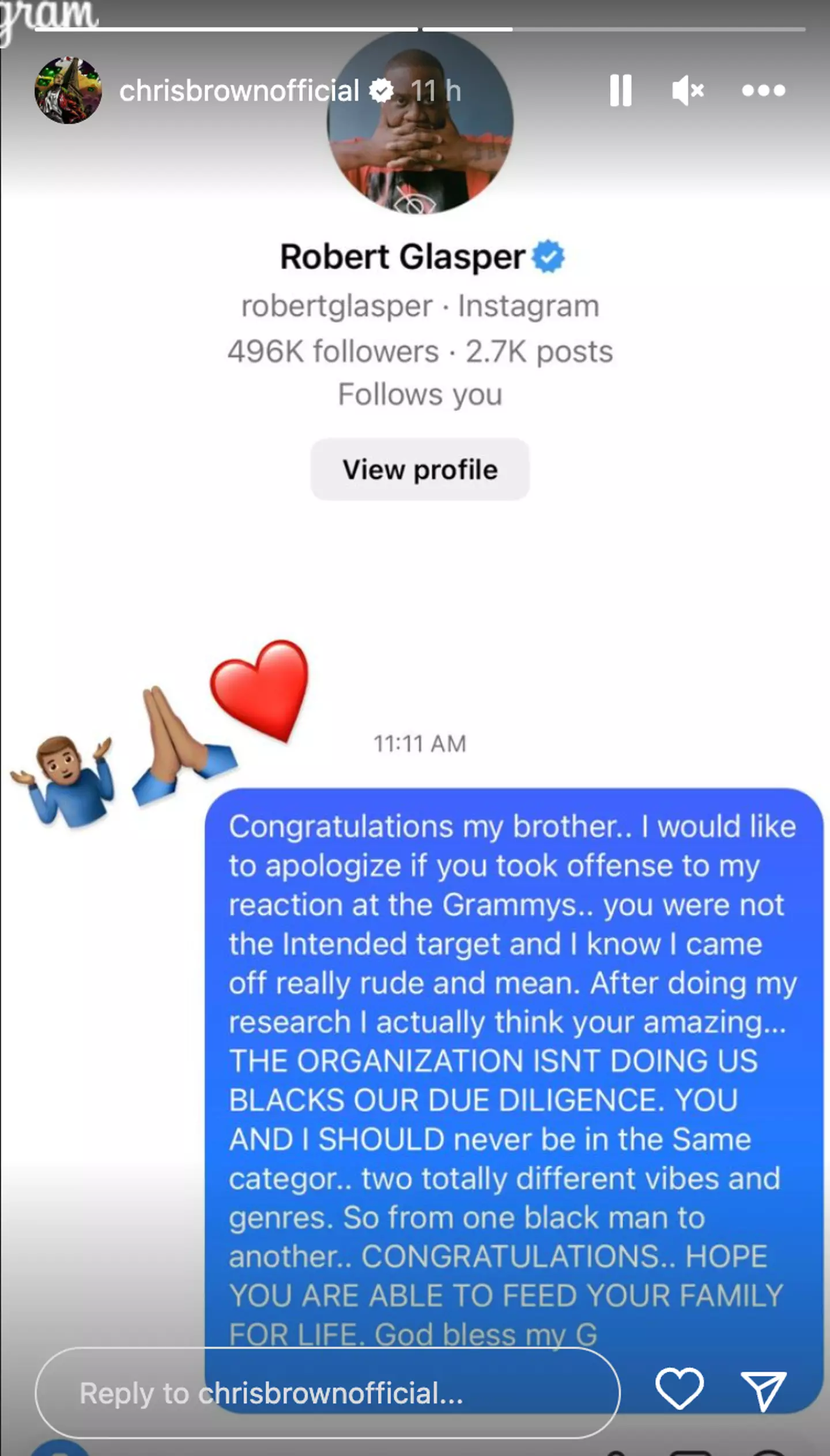 Brown shared his apology to Glasper on Instagram.