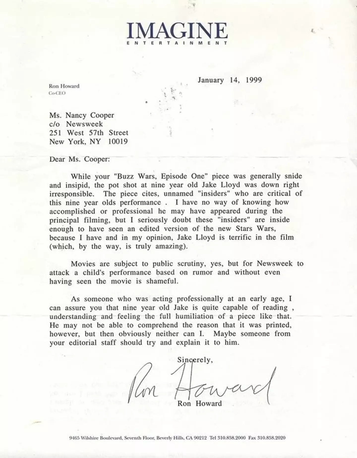 Ron Howard's letter to Newsweek.
