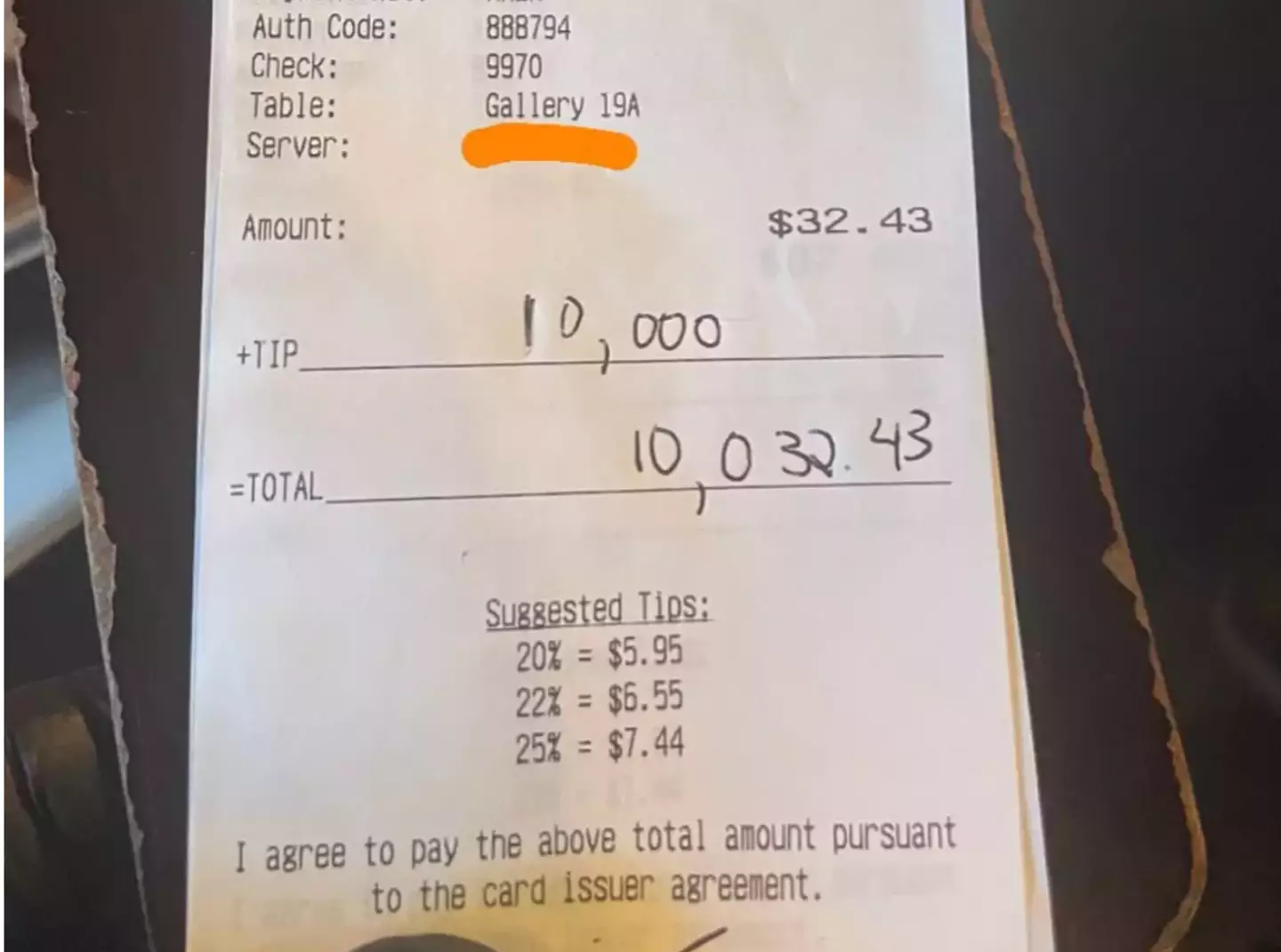 The diner left a $10,000 tip.