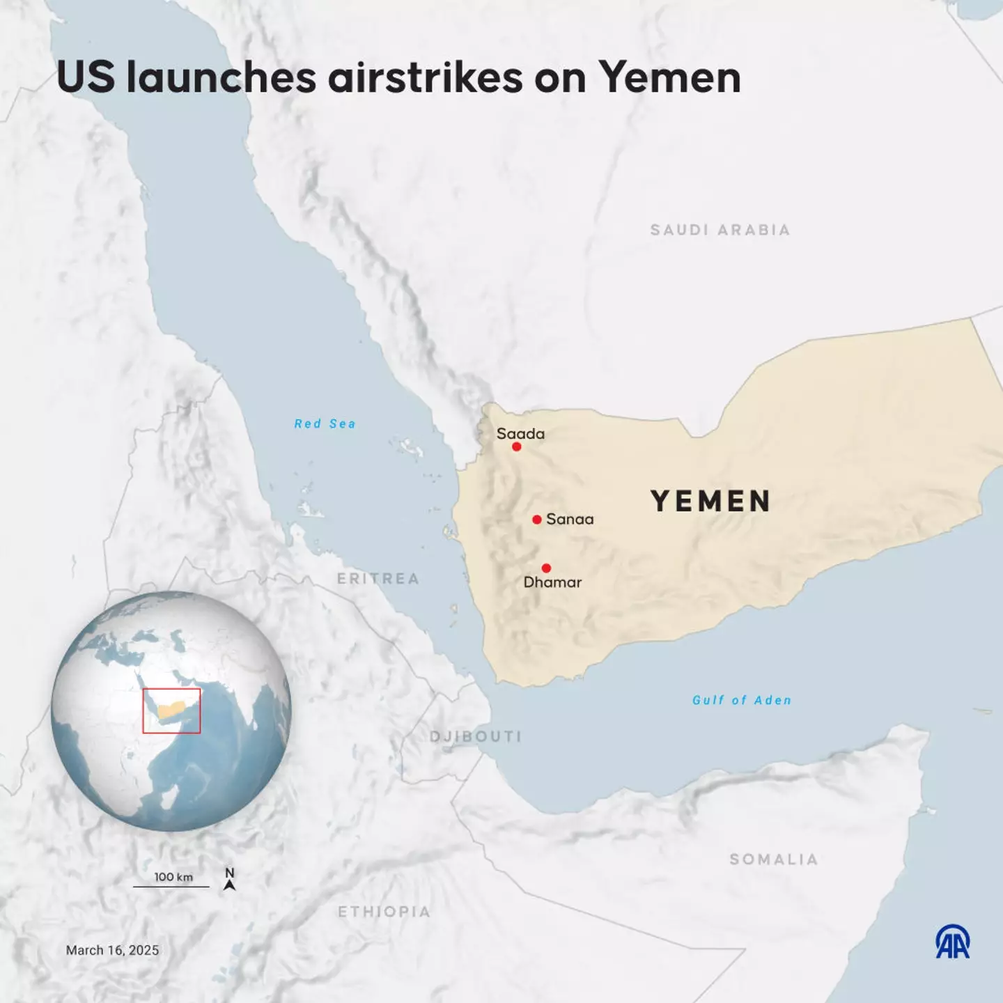 The US' airstrikes hit the Yemen communites of Saada, Sanaa, Dhamar, as Trump explained it was in retaliation to the Houthi movements frequent attacks on cargo ships passing through the Bab al-Mandab Strait (Efnan Ipsir/Anadolu via Getty Images)