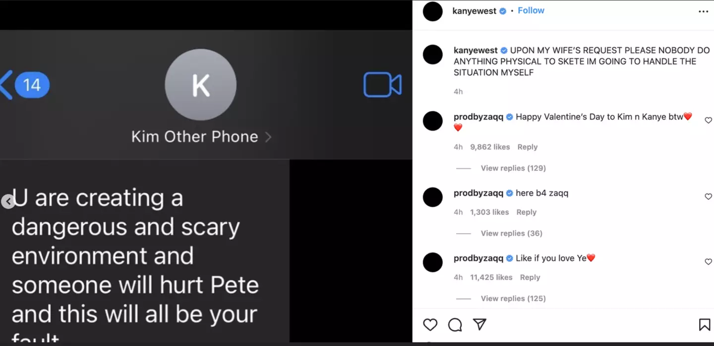 Kanye West shares private texts with Kim Kardashian about Pete Davidson. (@kanyewest/ Instagram)
