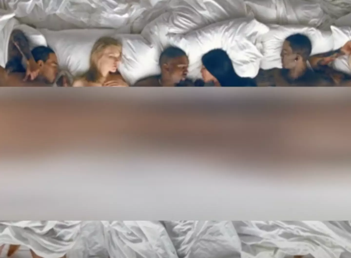 The bizarre music video saw Kanye lying naked in a bed alongside ex-wife Kim Kardashian, a topless (prosthetic) Taylor Swift, and many others.