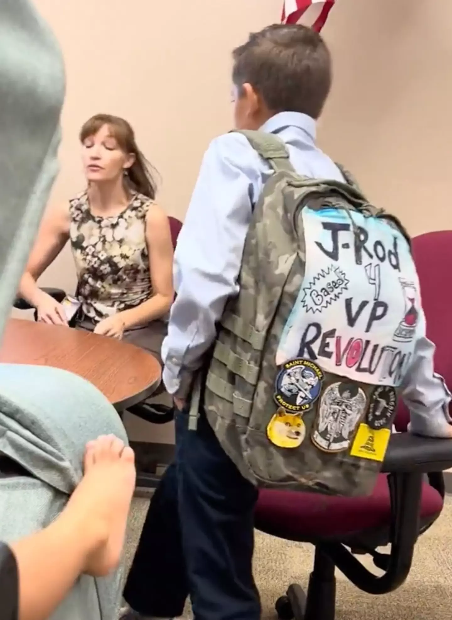 Jaiden's backpack, with the Gadsden flag bottom right.