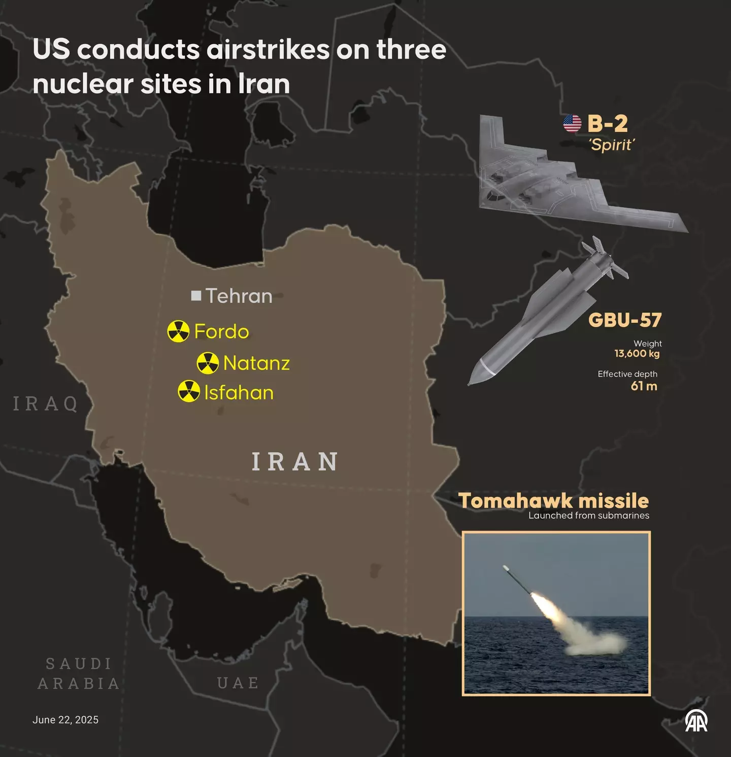 The US targeted three nuclear sites (Murat Usubali/Anadolu via Getty Images)