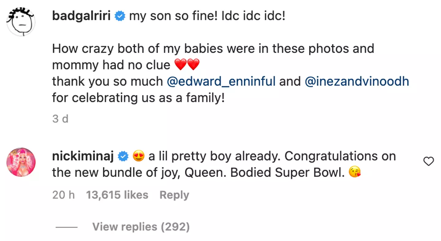 Nicki Minaj congratulated Rihanna on Instagram.
