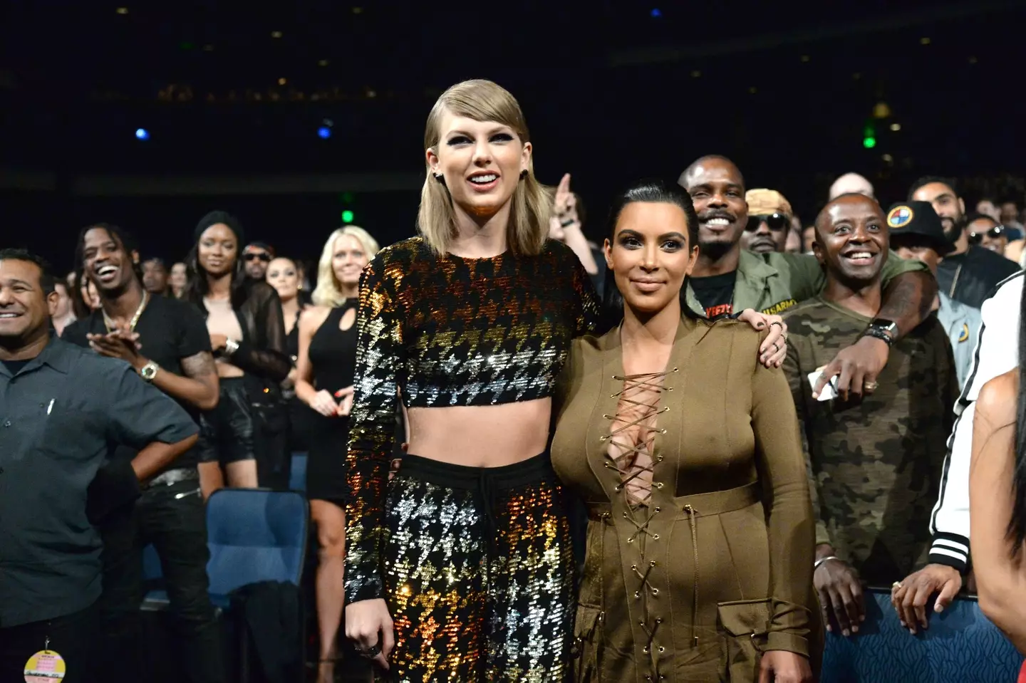 Taylor Swift and Kim Kardashian at the MTV Video Music Awards in 2015. (Kevin Mazur/MTV1415/WireImage) 