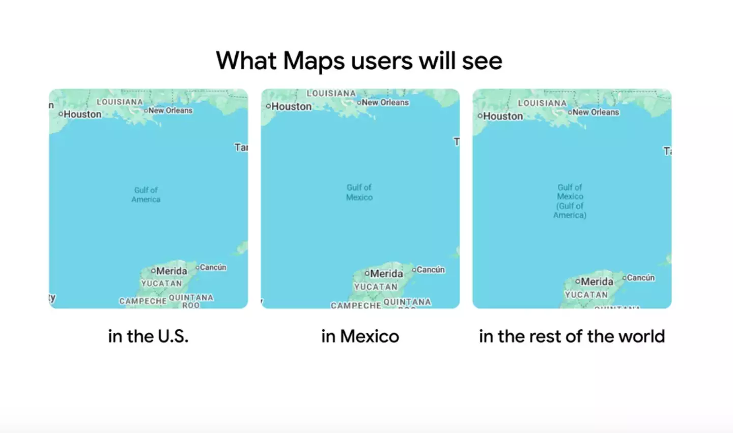 This is what Google has claimed will appear for users searching for the Gulf of Mexico depending on their geographical location (Google)