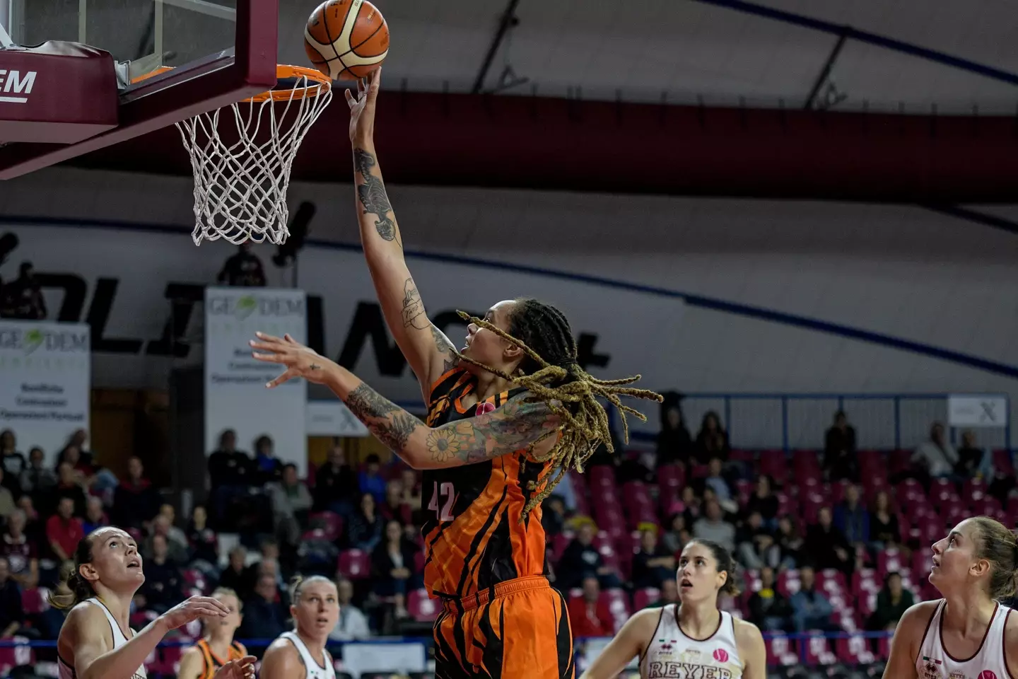 Brittney Griner playing basketball for Russian team UMMC Ekaterinburg.