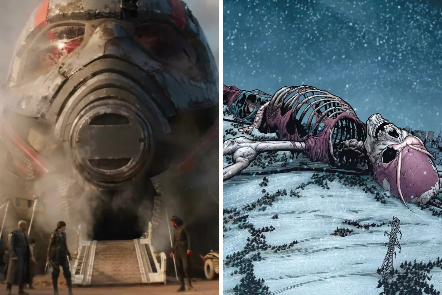 Ant-man's skull in Deadpool 3 trailer and 'Pym Falls'. (Marvel Studios / Marvel Comics)
