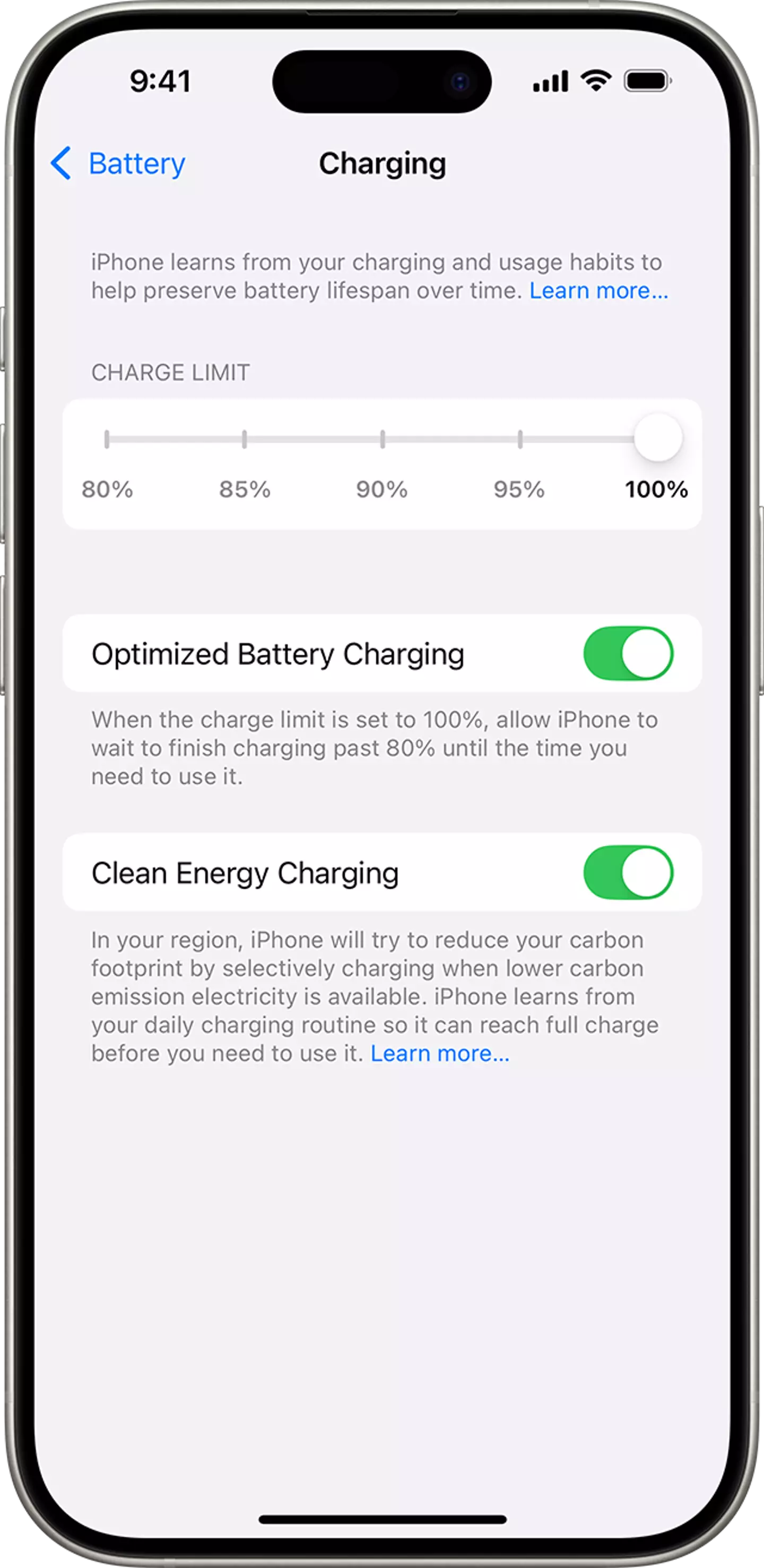 Setting your iPhone's charging limit to 95 percent could help increase your device's lifespan (Apple)