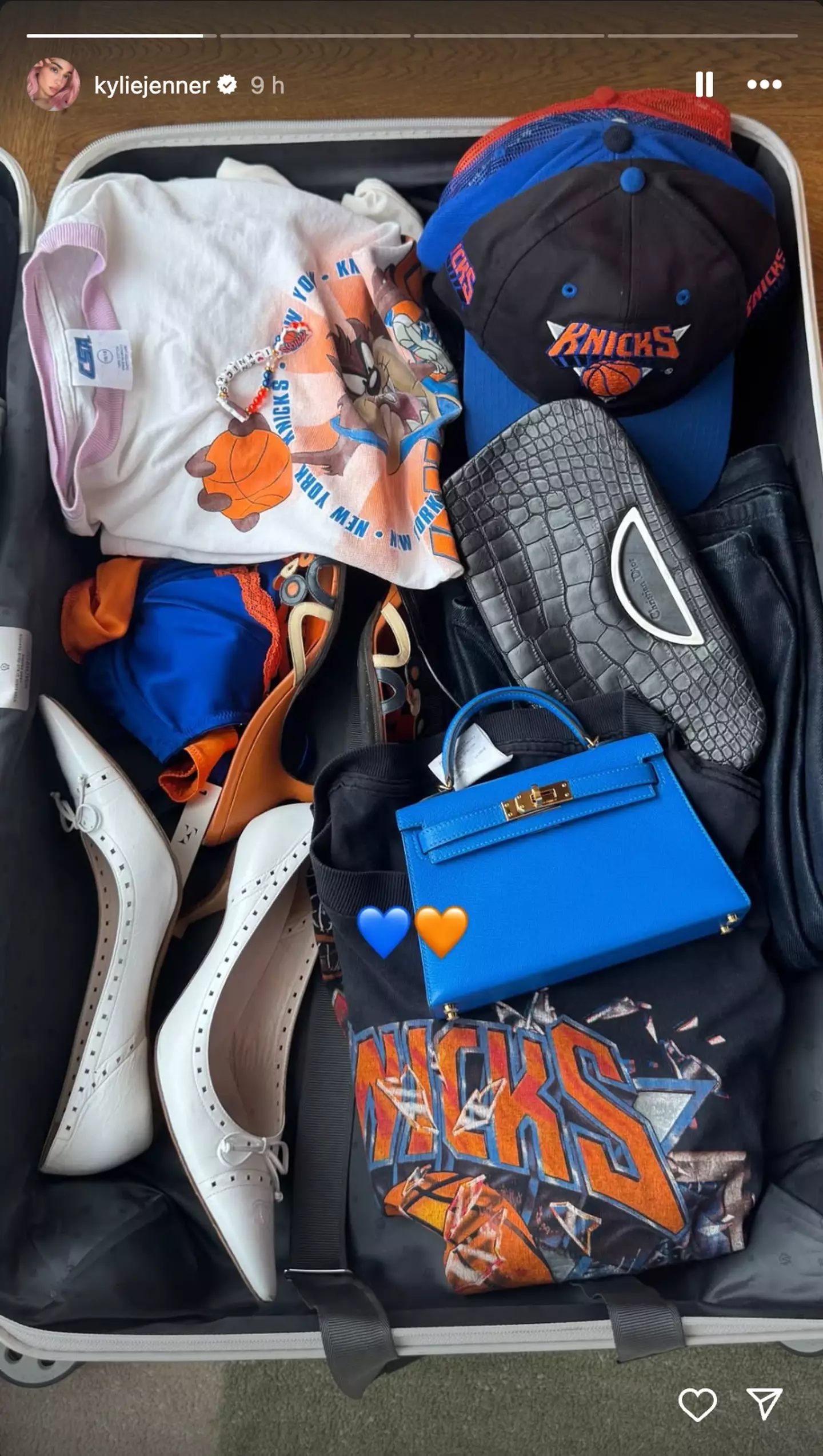 Kylie Jenner shared a snap of her suitcase to fans on Instagram, revealing that she has Knicks-themed lingerie (Instagram/kyliejenner)