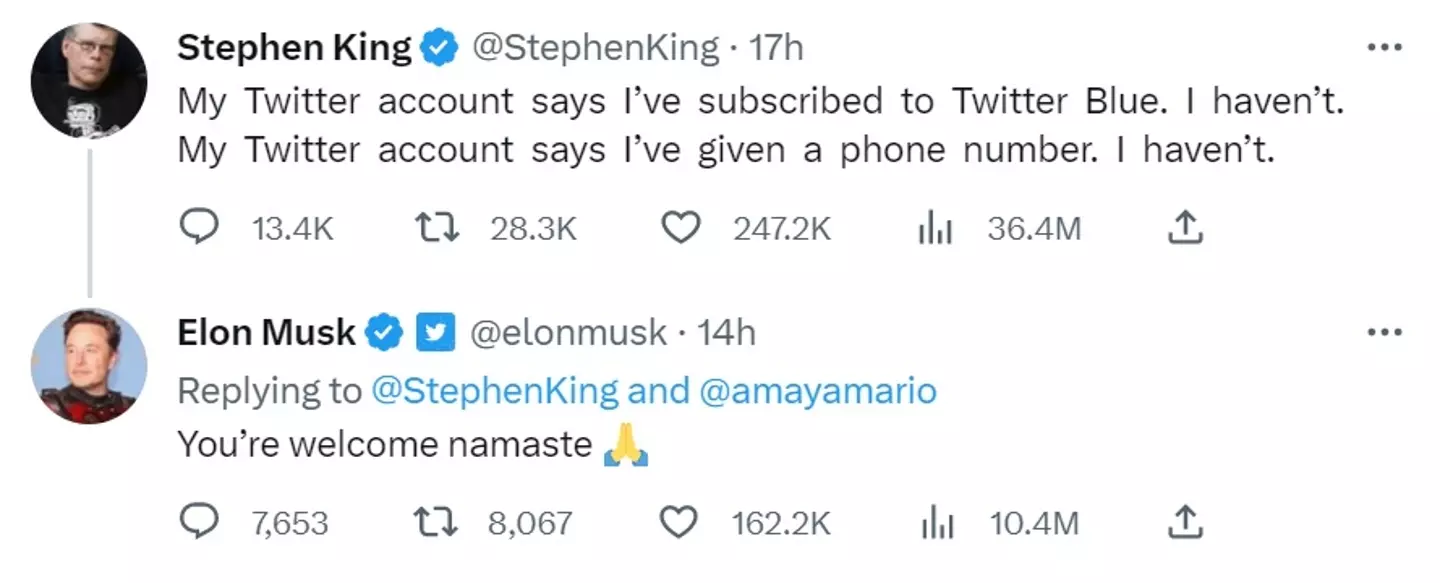 Apparently nobody told Stephen King he'd be staying on Twitter Blue.